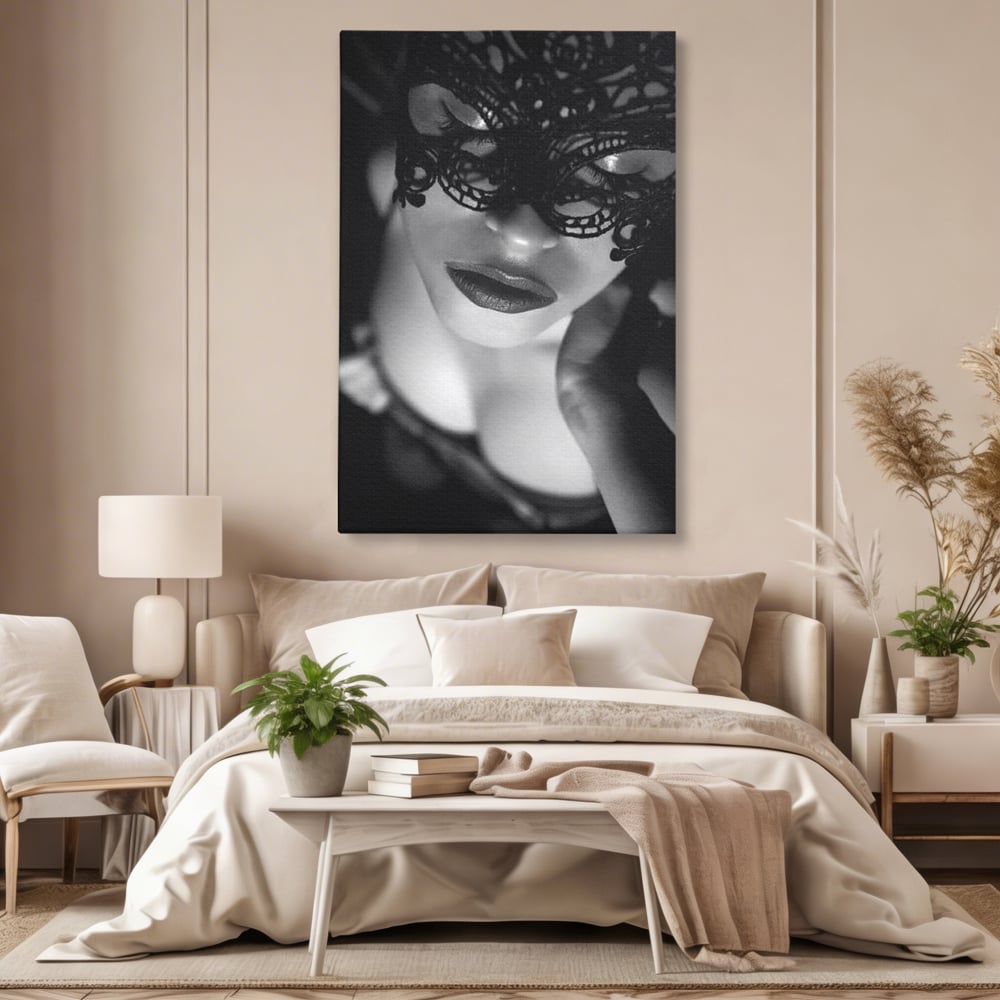 Tablou canvas cu tablou canvas cu femeie purtand masca, fara rama, pe sasiu de lemn, pe perete intr-un dormitor